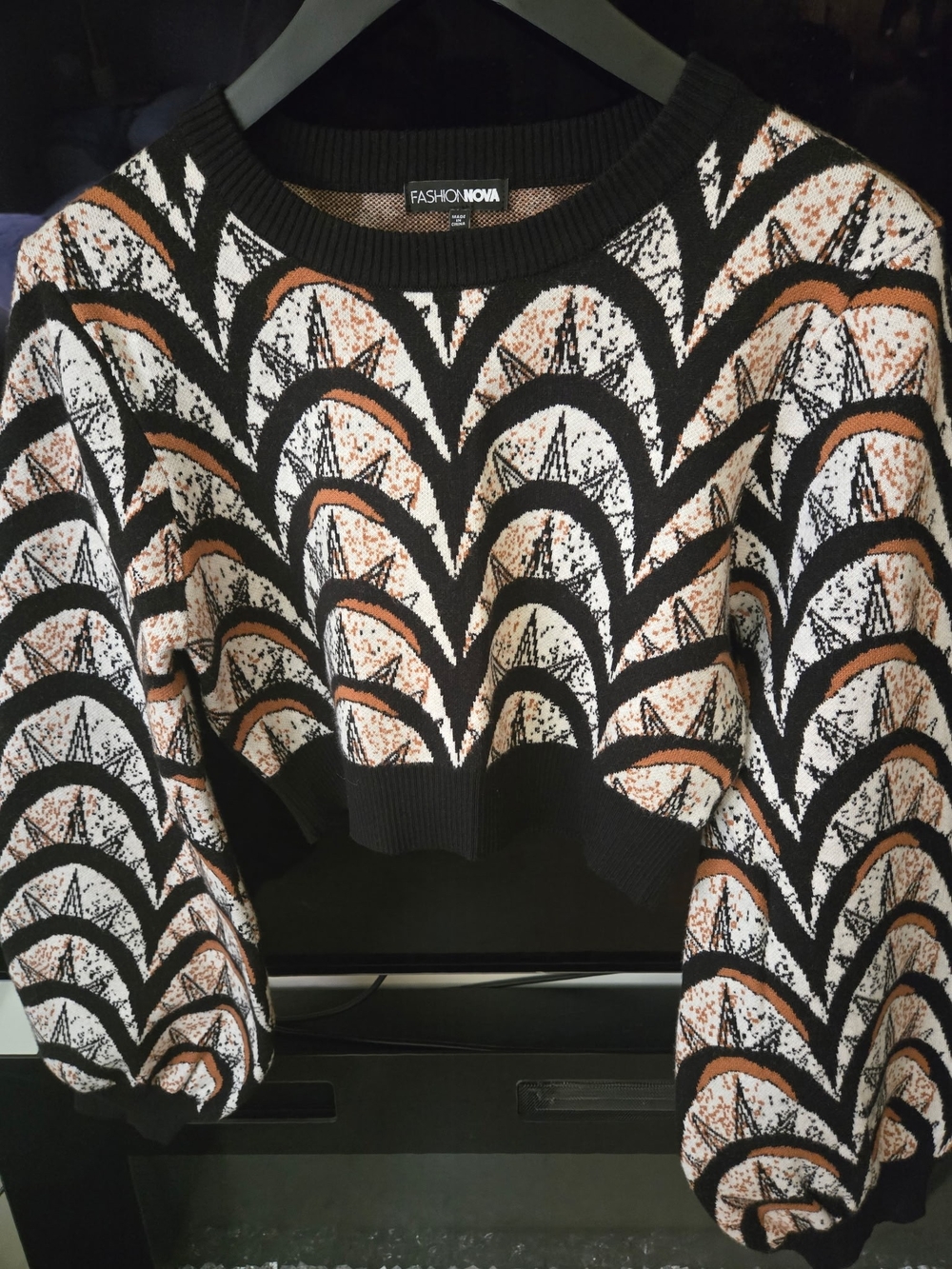 Fashion Nova Black, Cream & Tan Scallop Cropped Sweater